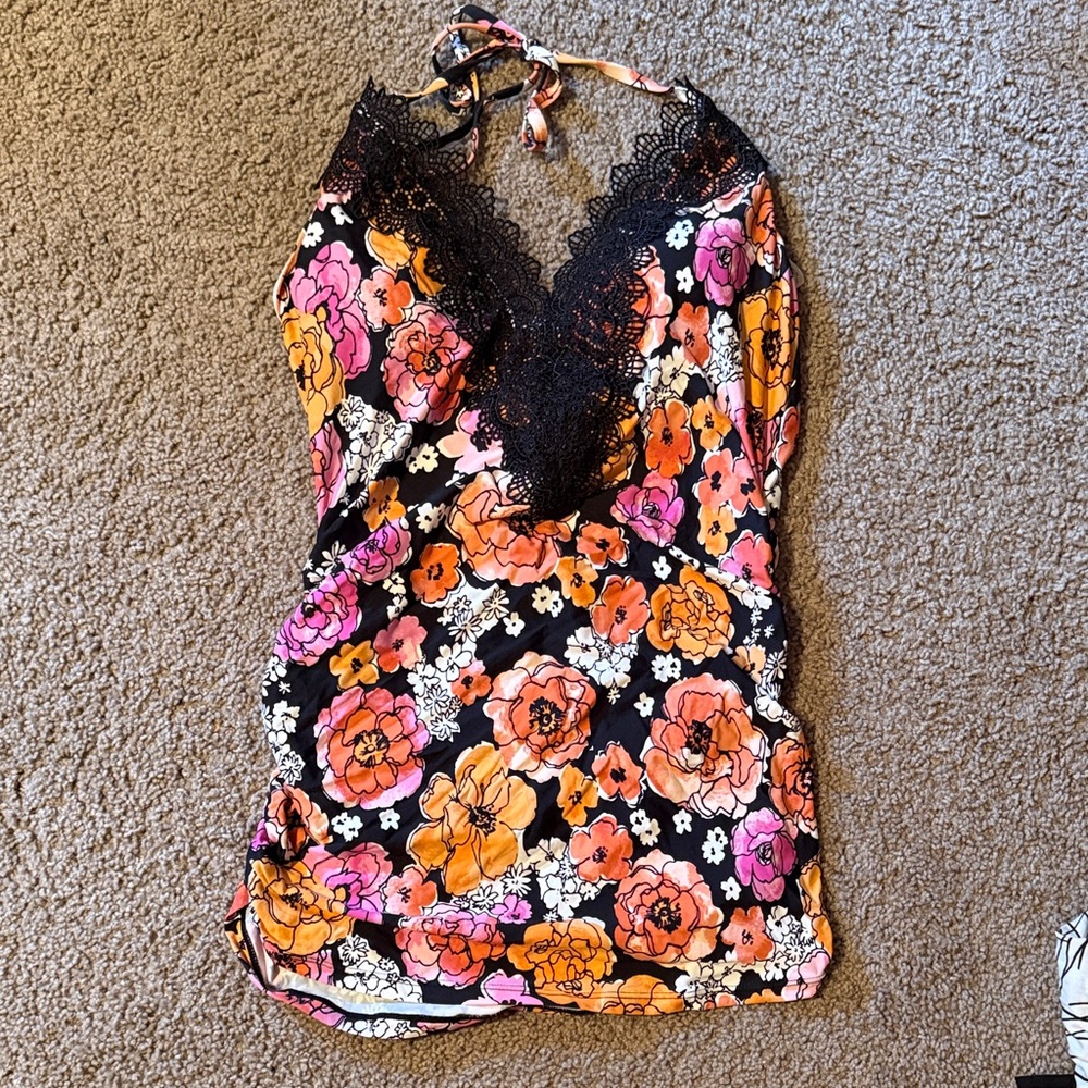 Maternity Floral Halter Lace-Trim Tankini Top- Black with Pink & Orange Flowers